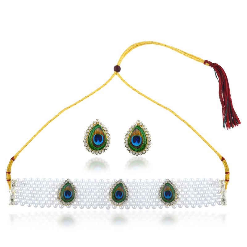 Pearl peacock motif choker necklace set women