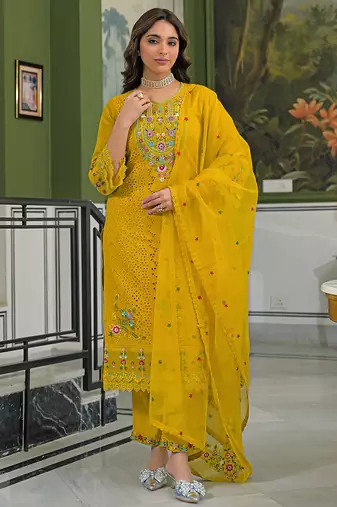 Women yellow viscose embroidered straight kurta trousers with dupatta