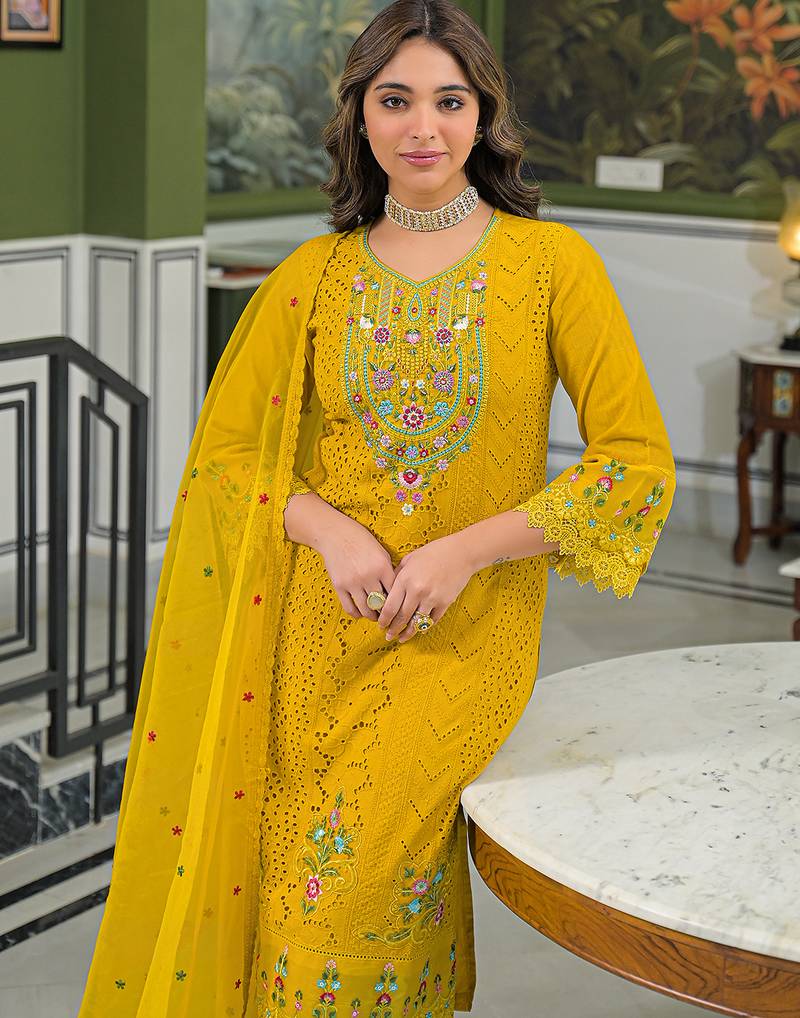 Women yellow viscose embroidered straight kurta trousers with dupatta