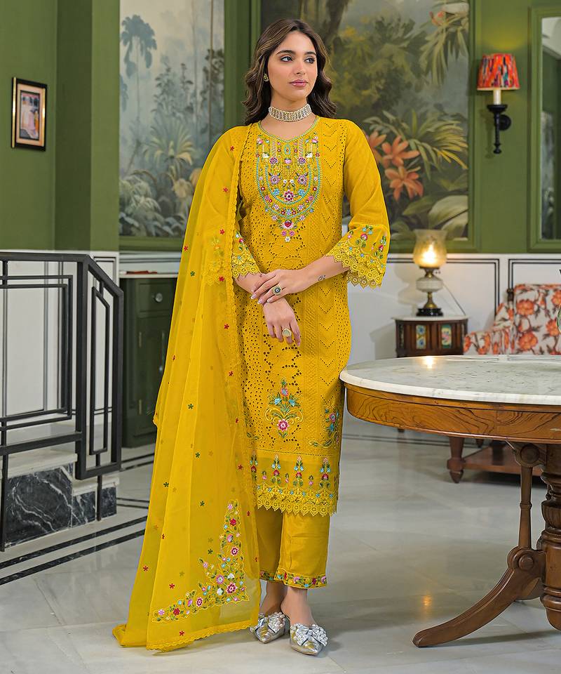 Women yellow viscose embroidered straight kurta trousers with dupatta
