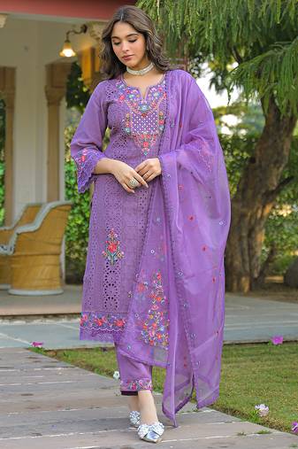 Women purple viscose embroidered straight kurta trousers with dupatta