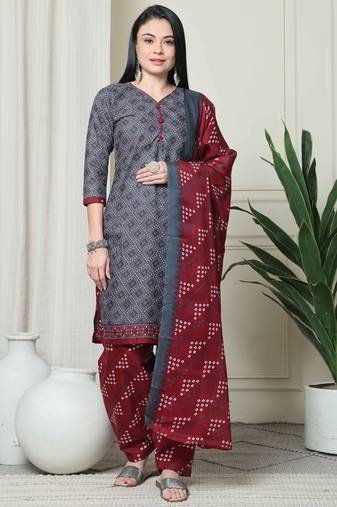 grey cotton blend printed ready to wear patiala salwar suit