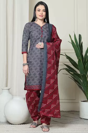 grey cotton blend printed ready to wear patiala salwar suit
