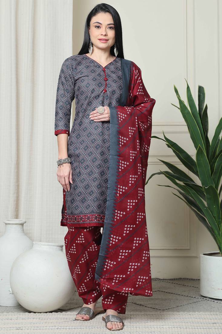 grey cotton blend printed ready to wear patiala salwar suit