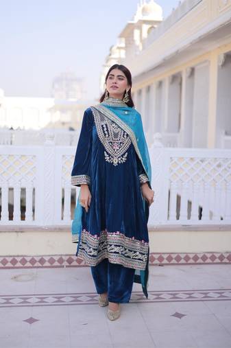 Rama velvet sequins embroidered kurta with pant and heavy dupatta
