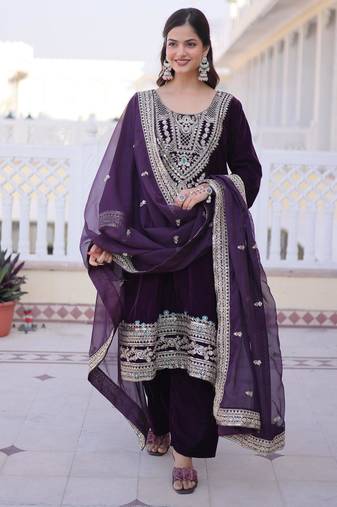 Wine velvet sequins embroidered kurta with pant and heavy dupatta
