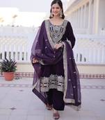 Wine velvet sequins embroidered kurta with pant and heavy dupatta