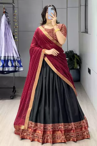 Black printed ethnic lehenga set with blouse and dupatta