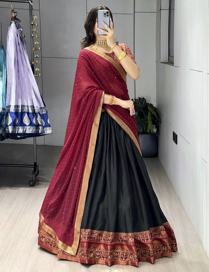 Black printed ethnic lehenga set with blouse and dupatta