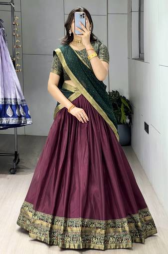 Wine printed ethnic lehenga set with blouse and dupatta