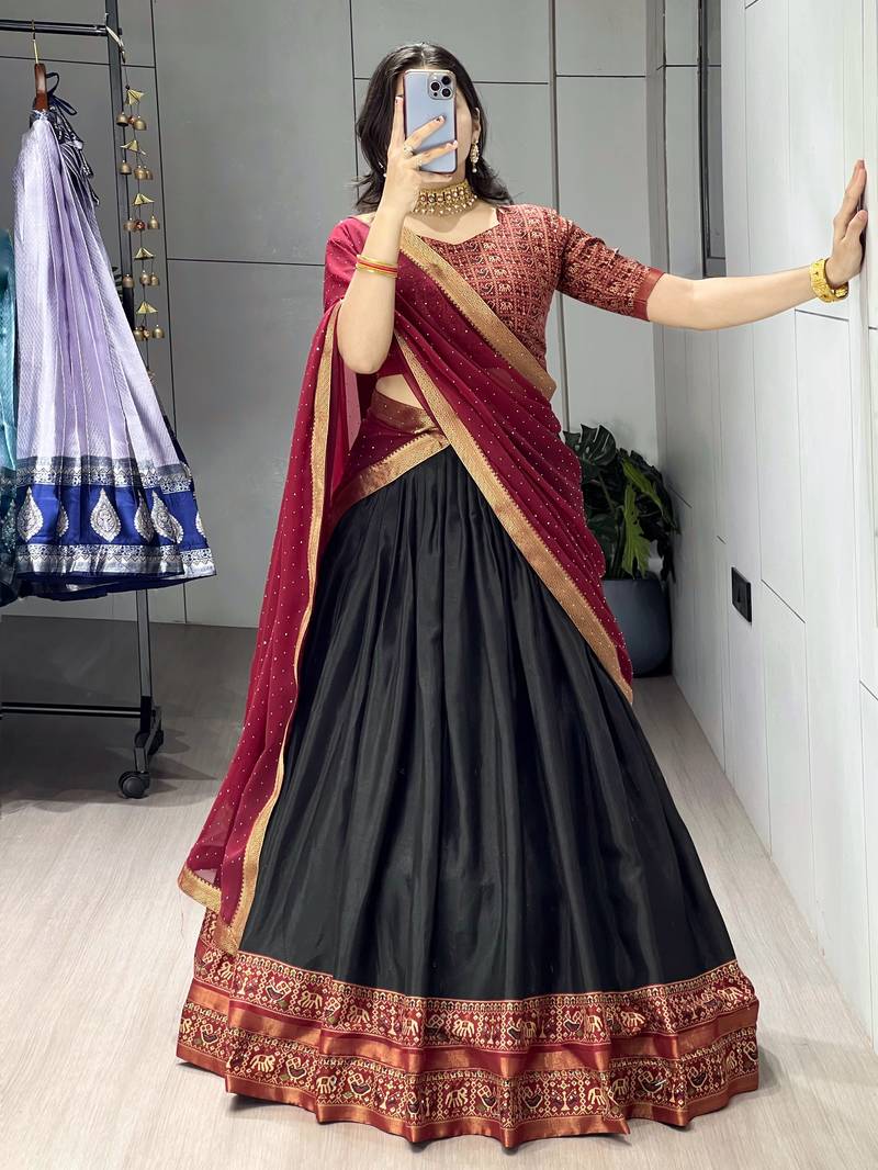 Black printed ethnic lehenga set with blouse and dupatta
