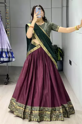Wine printed ethnic lehenga set with blouse and dupatta