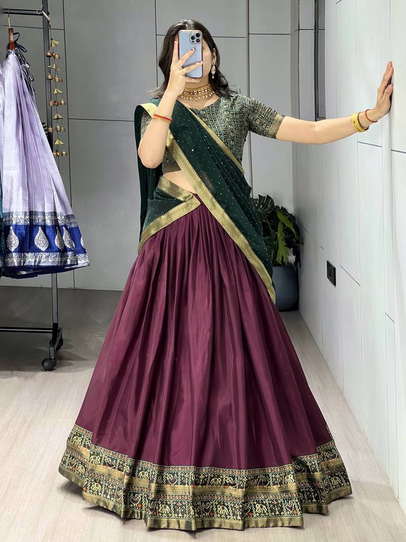 Wine printed ethnic lehenga set with blouse and dupatta