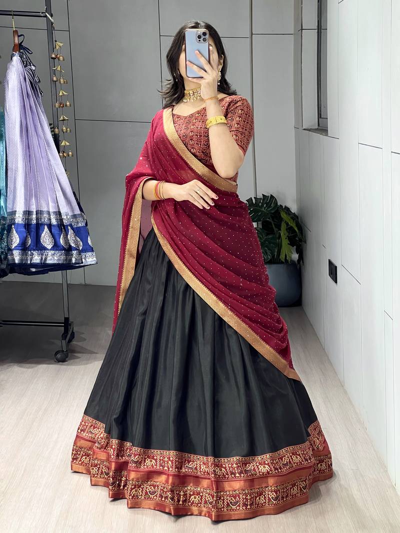 Black printed ethnic lehenga set with blouse and dupatta