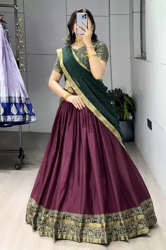 Wine printed ethnic lehenga set with blouse and dupatta