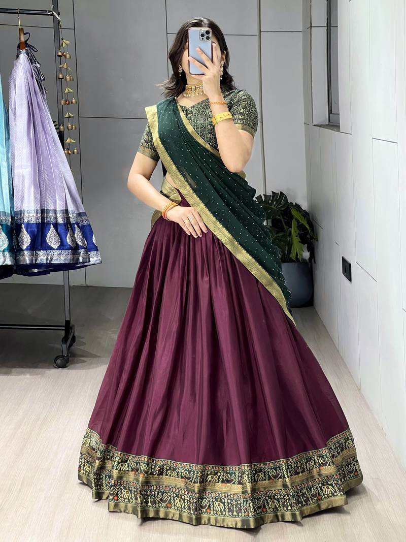 Wine printed ethnic lehenga set with blouse and dupatta