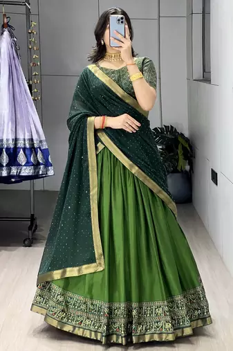 Green printed ethnic lehenga set with blouse and dupatta