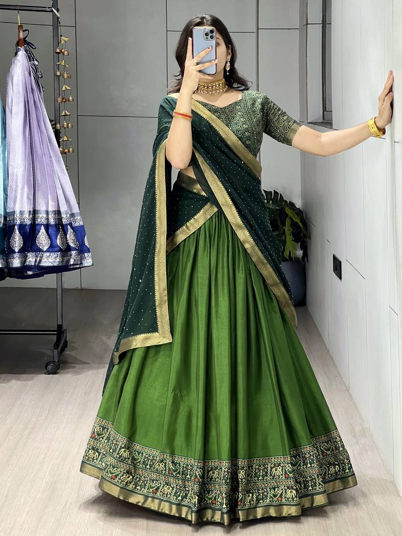 Green printed ethnic lehenga set with blouse and dupatta