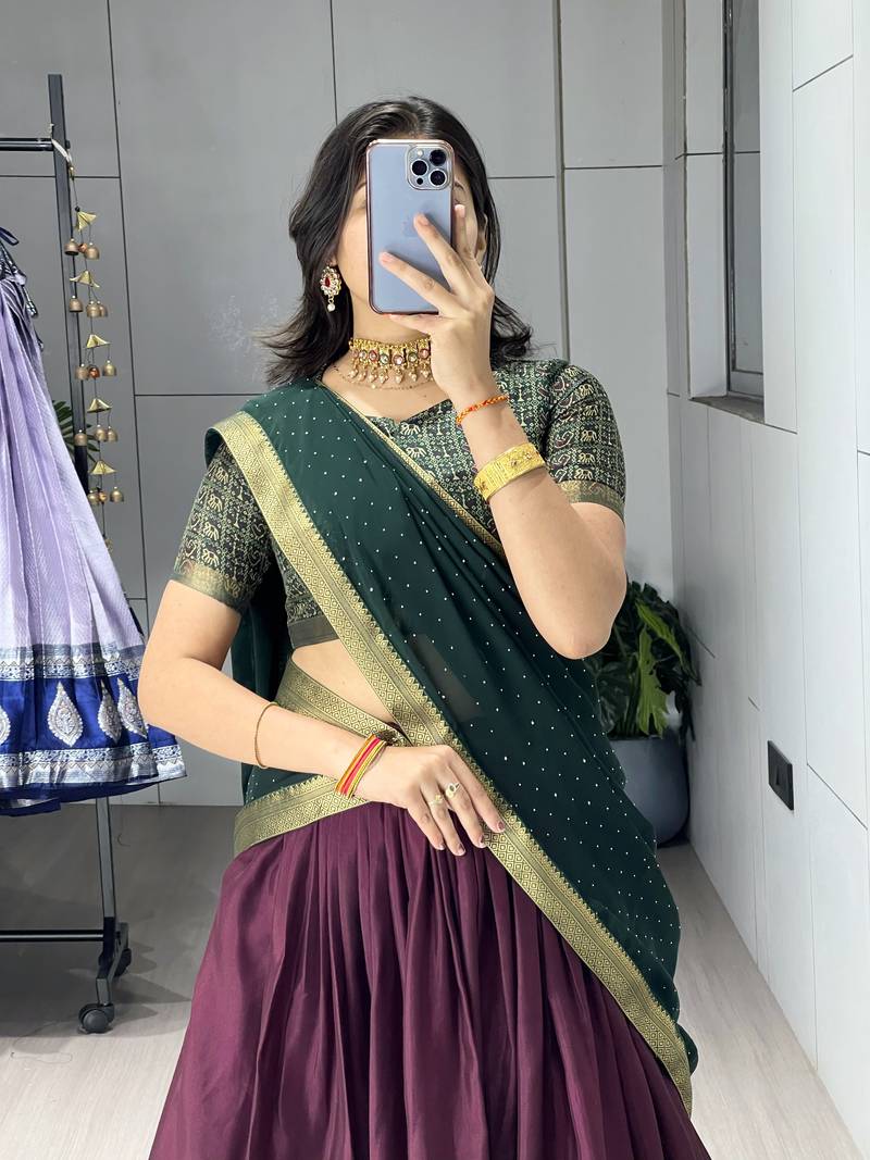 Wine printed ethnic lehenga set with blouse and dupatta