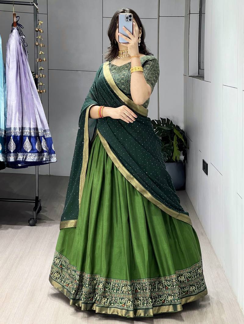 Green printed ethnic lehenga set with blouse and dupatta