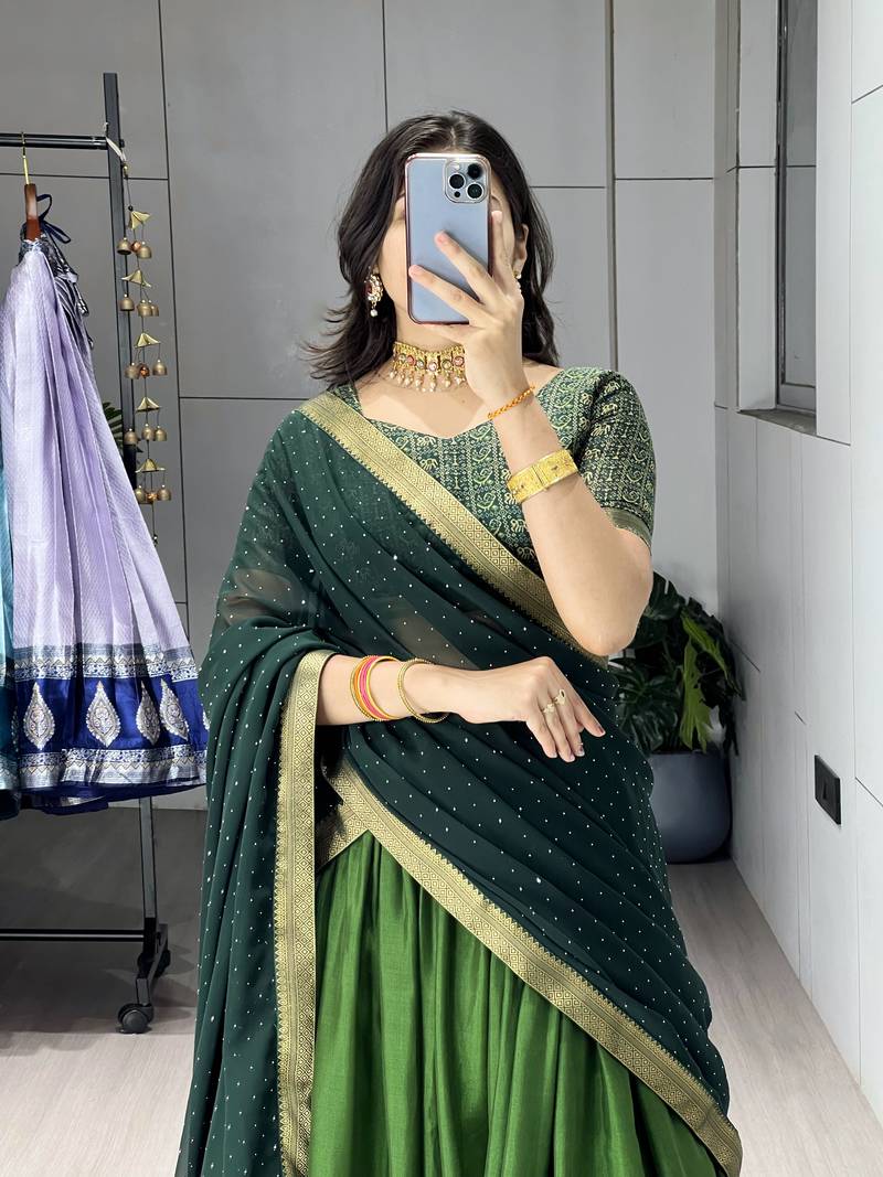 Green printed ethnic lehenga set with blouse and dupatta