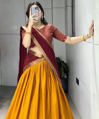 Mustard Printed ethnic Lehenga set with blouse and dupatta 2