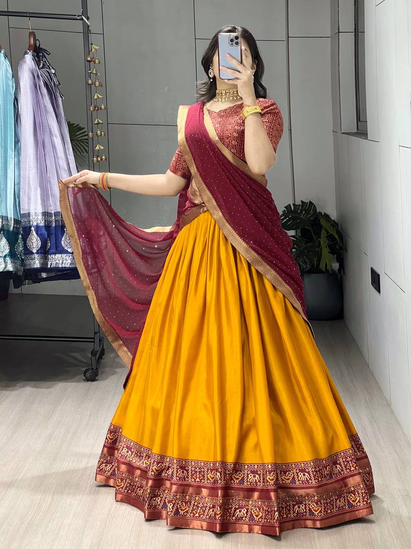 Mustard Printed ethnic Lehenga set with blouse and dupatta