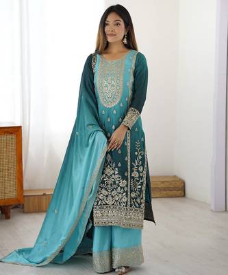 Aqua blue chinon silk palazzo set with intricate embroidery work 3