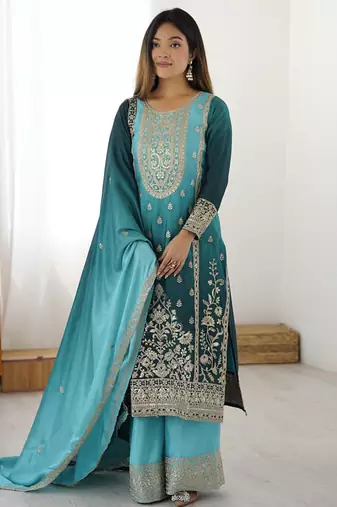 Aqua blue chinon silk palazzo set with intricate embroidery work