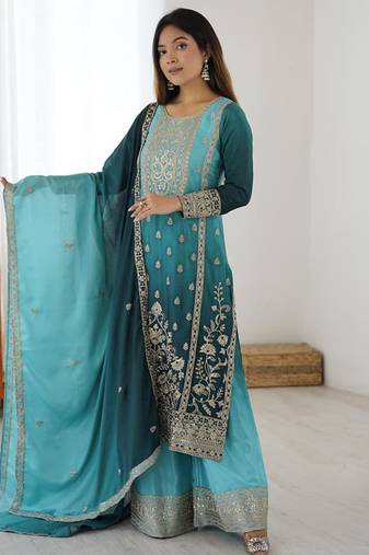 Aqua blue chinon silk palazzo set with intricate embroidery work