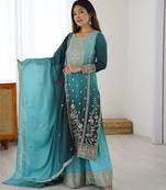 Aqua blue chinon silk palazzo set with intricate embroidery work