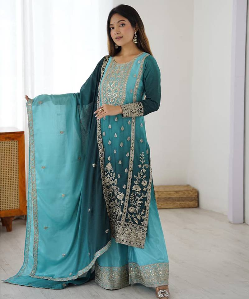 Aqua blue chinon silk palazzo set with intricate embroidery work