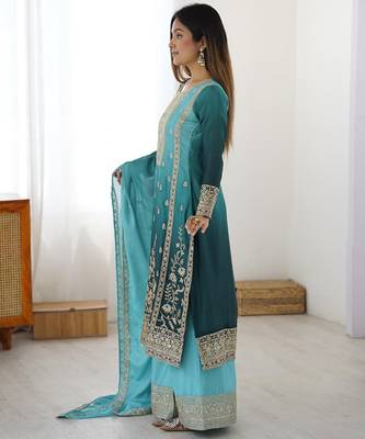 Aqua blue chinon silk palazzo set with intricate embroidery work 4
