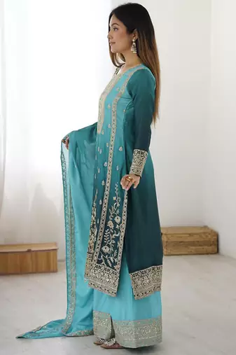 Aqua blue chinon silk palazzo set with intricate embroidery work