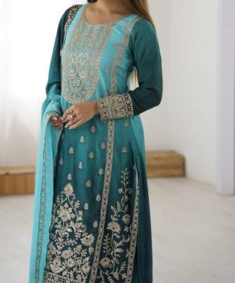 Aqua blue chinon silk palazzo set with intricate embroidery work 5