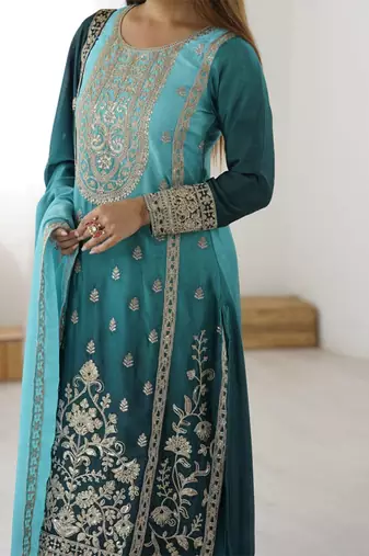 Aqua blue chinon silk palazzo set with intricate embroidery work