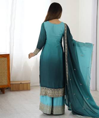 Aqua blue chinon silk palazzo set with intricate embroidery work 6