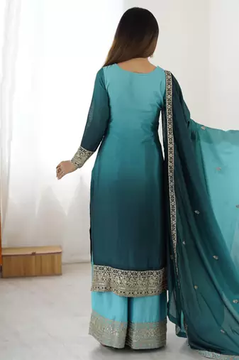 Aqua blue chinon silk palazzo set with intricate embroidery work