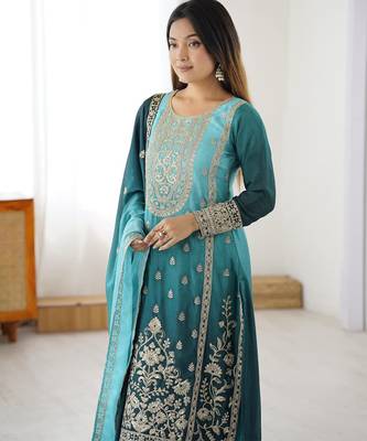 Aqua blue chinon silk palazzo set with intricate embroidery work 8