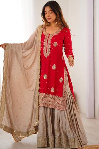Beige sharara set with intricate embroidery work