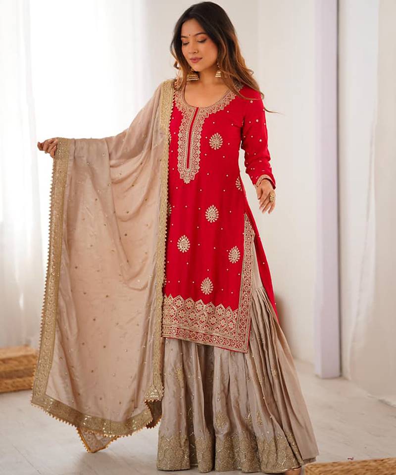 Beige sharara set with intricate embroidery work