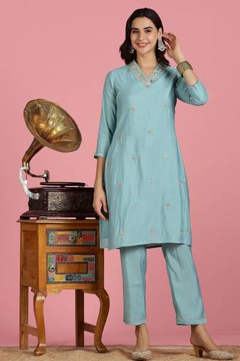 Aqua-blue silk embroidered Co-ord set 