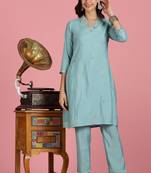 Aqua-blue silk embroidered Co-ord set 