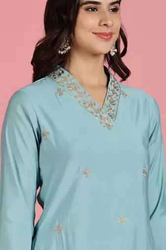 Aqua-blue silk embroidered Co-ord set 