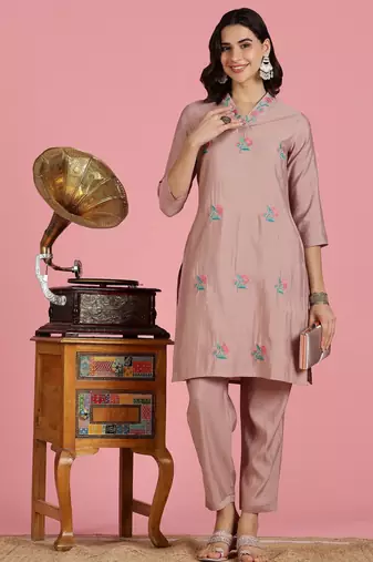 Mauve silk embroidered Co-ord set 