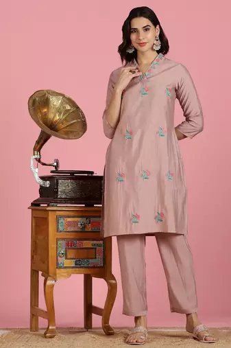 Mauve silk embroidered Co-ord set 