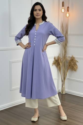 Purple cotton embroidered Kurta Set