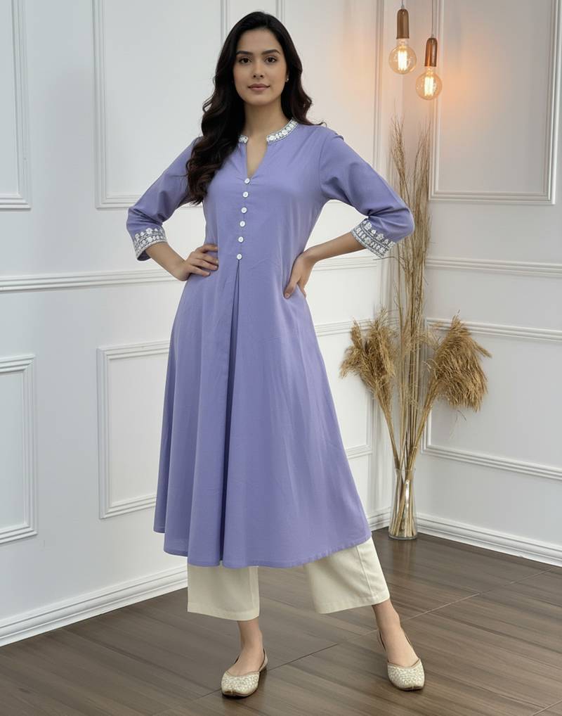 Purple cotton embroidered Kurta Set