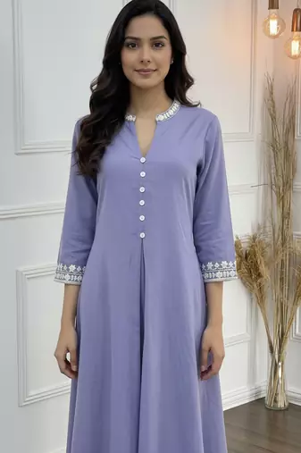 Purple cotton embroidered Kurta Set