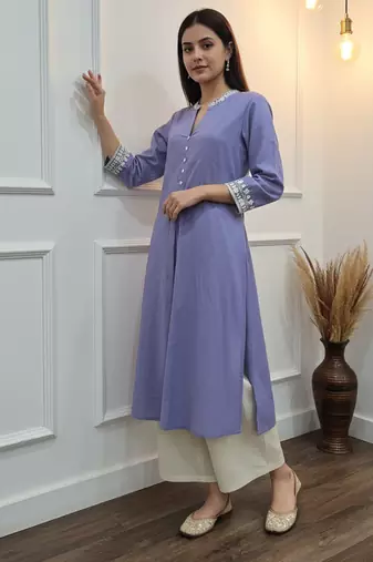 Purple cotton embroidered Kurta Set